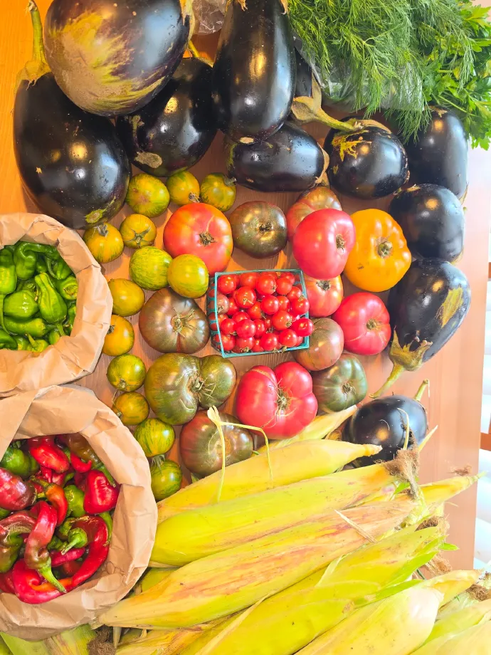 Farmers market produce: heirloom tomatoes, eggplant, peppers, and corn