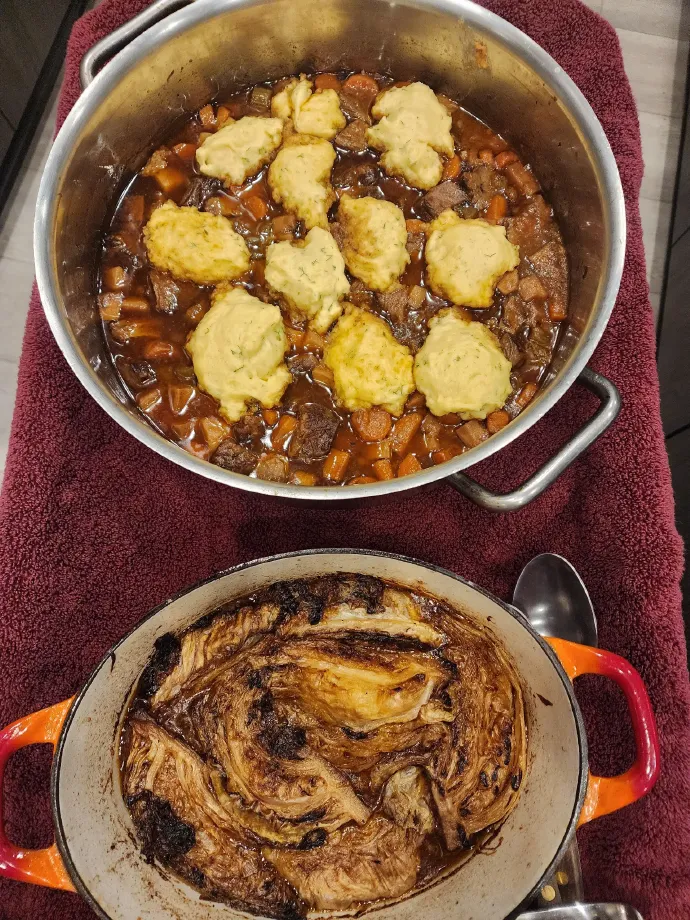 Beef tzimmes with dumplings and braised cabbage